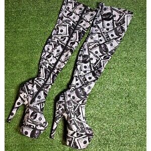Adore-3000DP stretch thigh-high platform boots in a money-print pattern